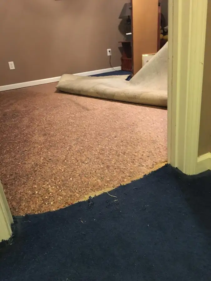 Carpet pad removal revealing water damage during Water Mitigation Services in Centerton